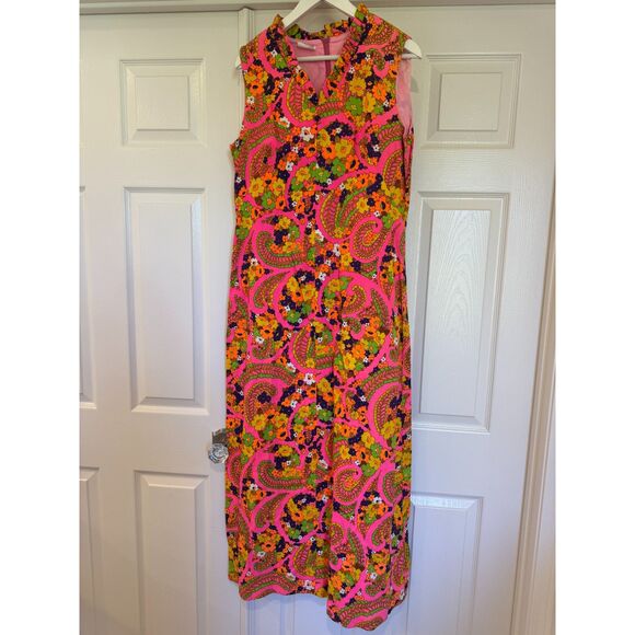 Vintage Pink Paisley Floral Print 1960’s Groovy Sleeveless Maxi Dress - Picture 1 of 7